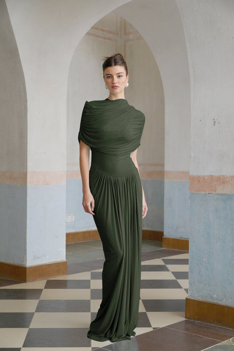 Aurohaya Catherine asymmetrical pleated maxi dress in Green