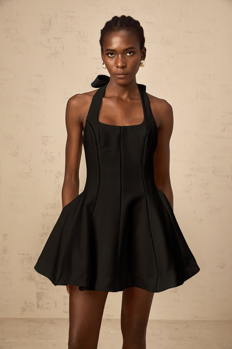 Aurohaya Quirine halterneck bow-detail mini dress in Black