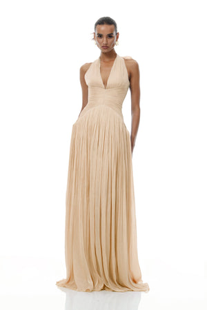 Aurohaya Térébenthine Neutral Glossy Gathered Maxi Dress