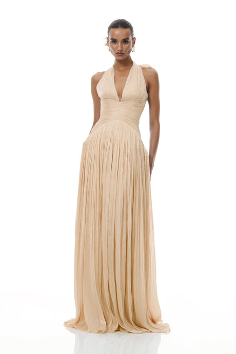 Aurohaya Térébenthine Neutral Glossy Gathered Maxi Dress