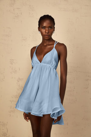 Aurohaya Quincie Blue Shirred Flounced Mini Dress