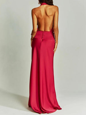 Aurohaya Elegant Chic Halter Neck Satin Party Maxi Dress