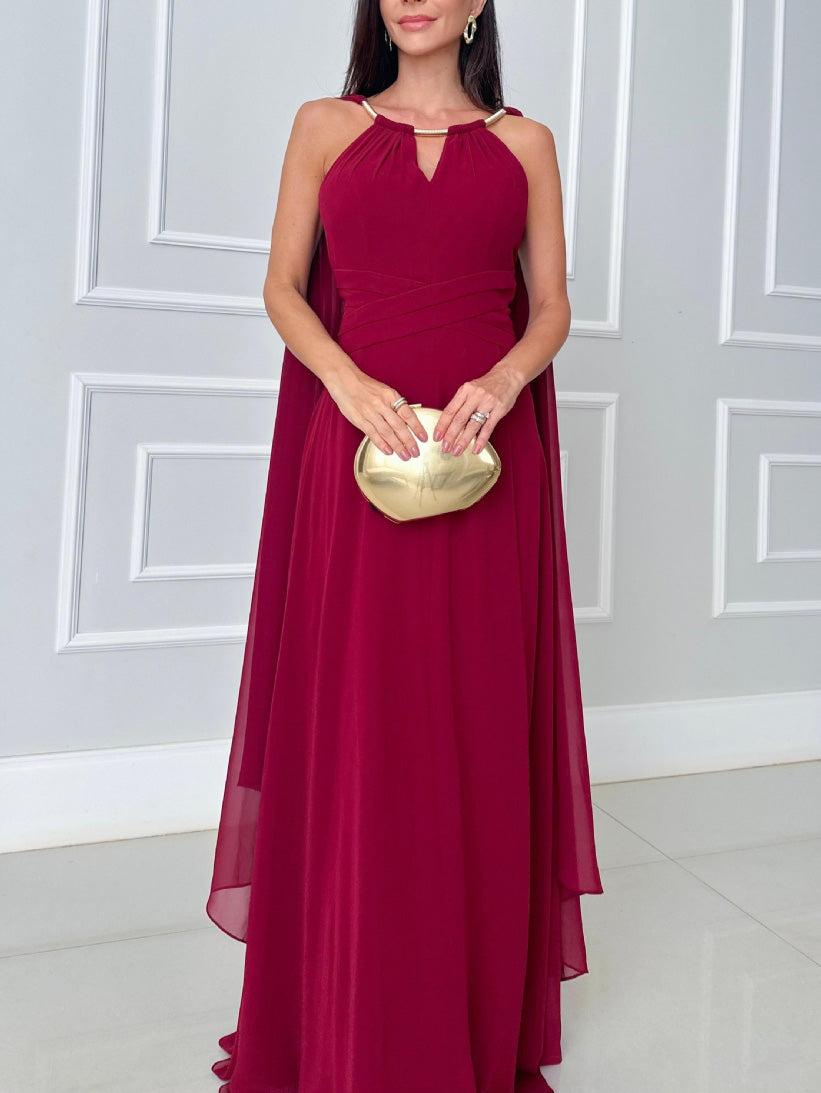 Aurohaya Elegant Cape Sleeve Slit Long Party Maxi Dress