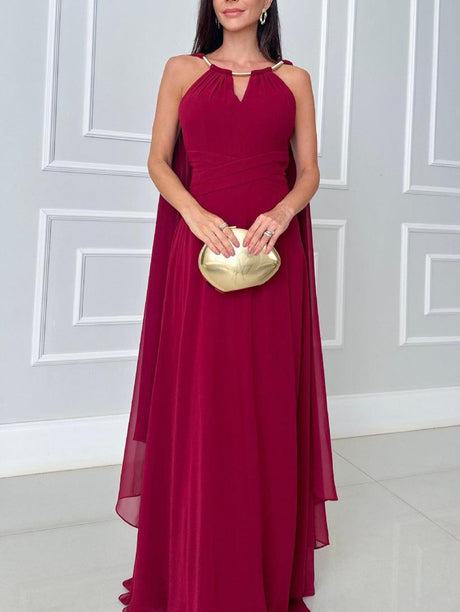 Aurohaya Elegant Cape Sleeve Slit Long Party Maxi Dress