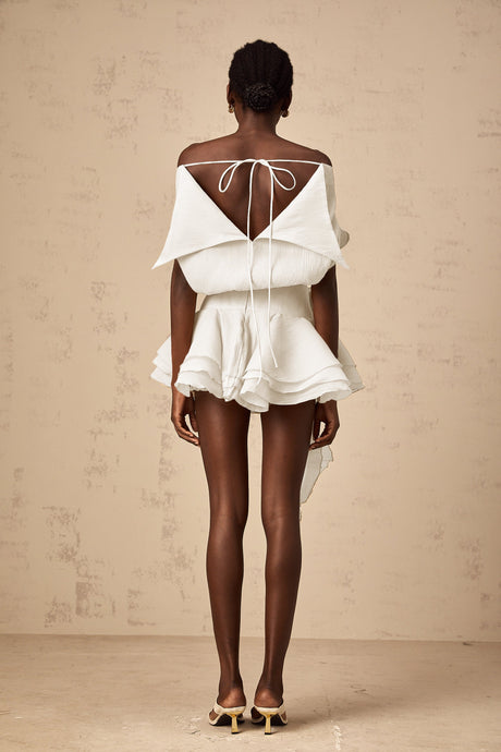 Aurohaya Amélie White Floral Appliqué Flounced Mini Dress