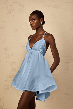 Aurohaya Quincie Blue Shirred Flounced Mini Dress