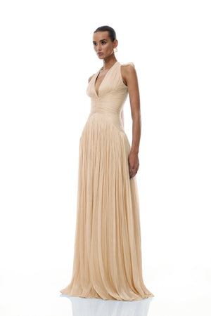 Aurohaya Térébenthine Neutral Glossy Gathered Maxi Dress