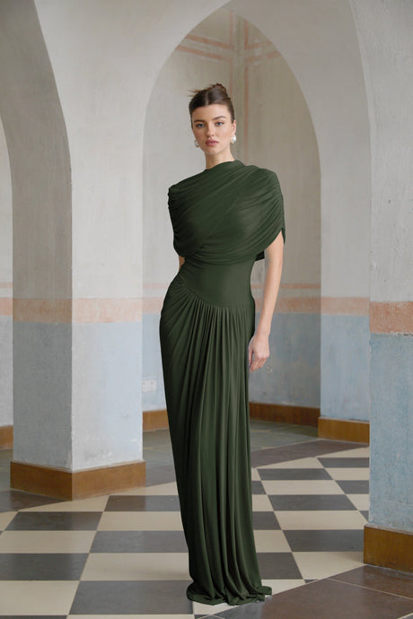 Aurohaya Catherine asymmetrical pleated maxi dress in Green