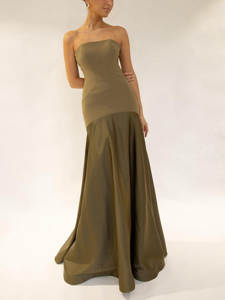 Aurohaya Elegant Satin One-Shoulder A-Line Maxi Dress Green