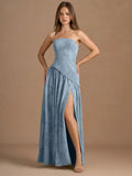 Elegant Strapless Slit Pleated Maxi Dress