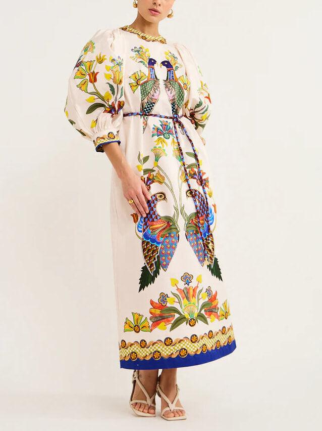 Aurohaya Exquisite And Fun Printed Puff Sleeves Loose Casual Midi Dress