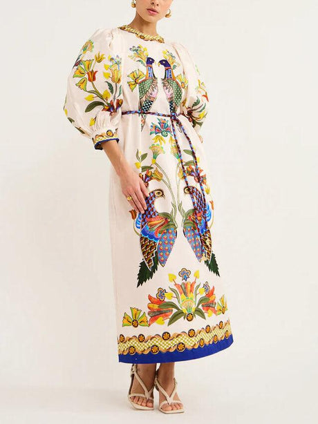 Aurohaya Exquisite And Fun Printed Puff Sleeves Loose Casual Midi Dress