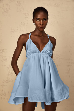 Aurohaya Quincie Blue Shirred Flounced Mini Dress