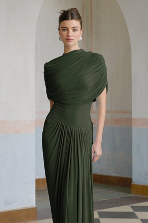 Aurohaya Catherine asymmetrical pleated maxi dress in Green