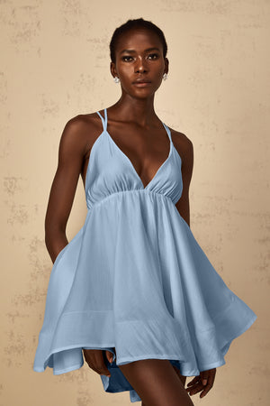 Aurohaya Quincie Blue Shirred Flounced Mini Dress