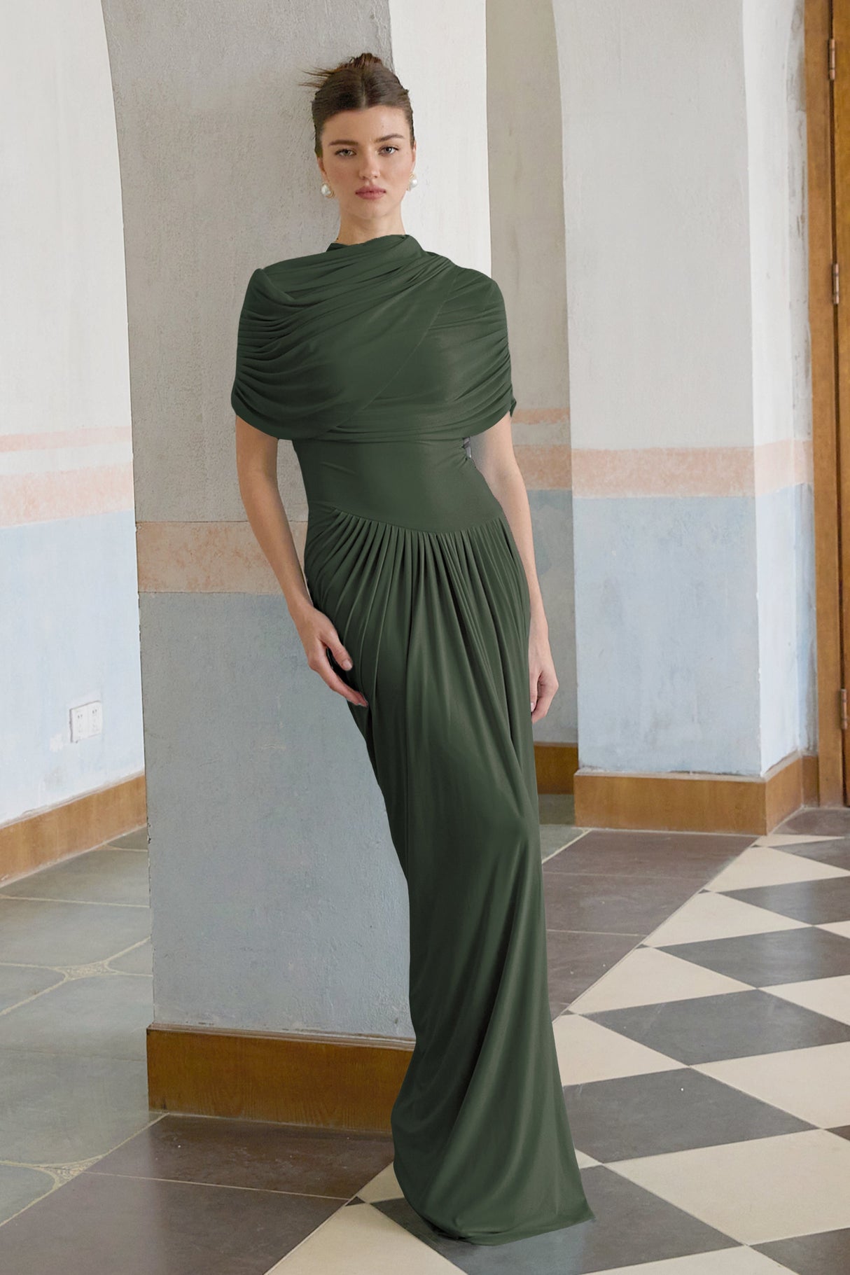 Aurohaya Catherine asymmetrical pleated maxi dress in Green