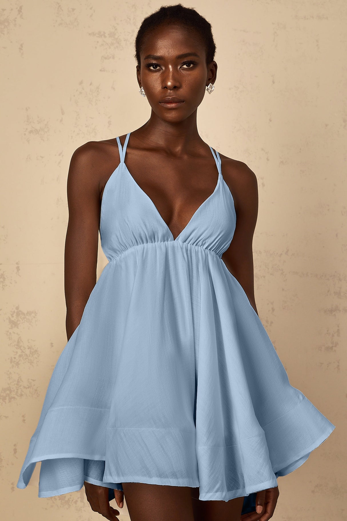 Aurohaya Quincie Blue Shirred Flounced Mini Dress
