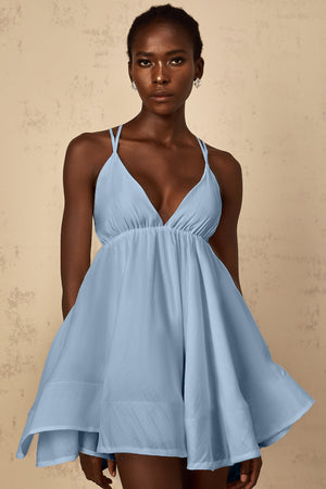 Aurohaya Quincie Blue Shirred Flounced Mini Dress