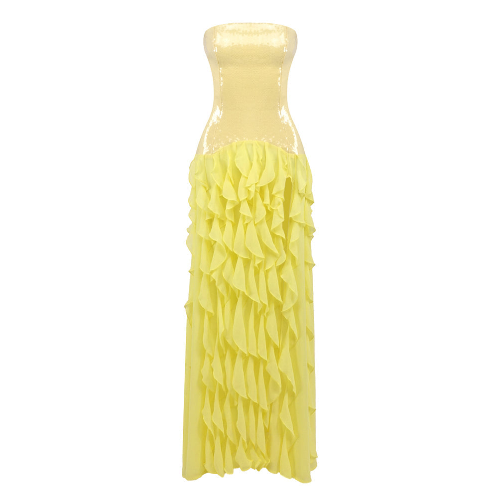 Aurohaya Geneviève Strapless Ruffled Maxi Dress Yellow