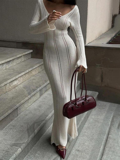 Aurohaya Hollow Solid Color Knitted Holiday Long Dress