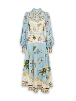 Aurohaya Unique Deep Sea Floral Print Single Breasted Midi Dress