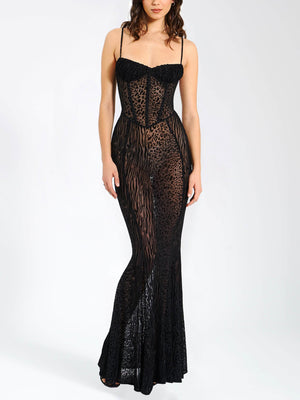 Aurohaya Elegant Leopard Print Mesh See-through Maxi Dress