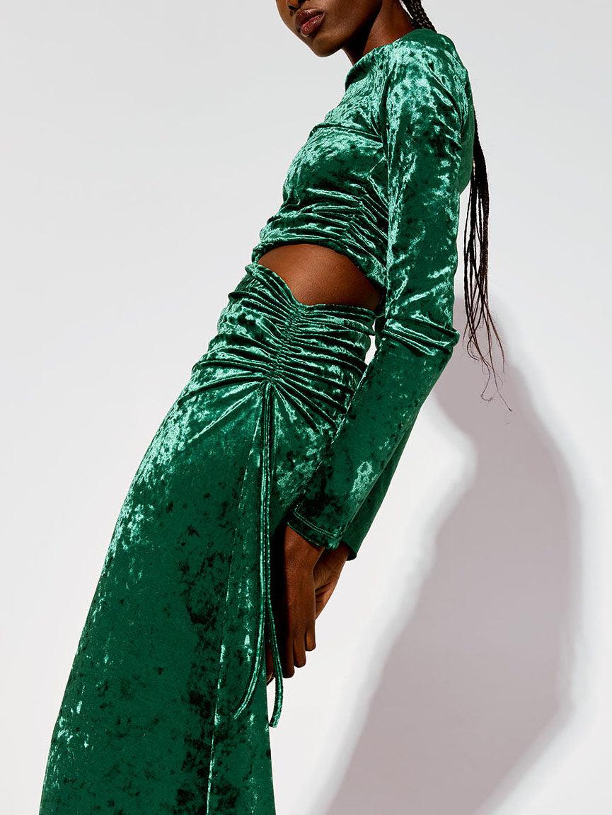 Aurohaya Modern Cutout Shirred Diamond Velvet Maxi Dress