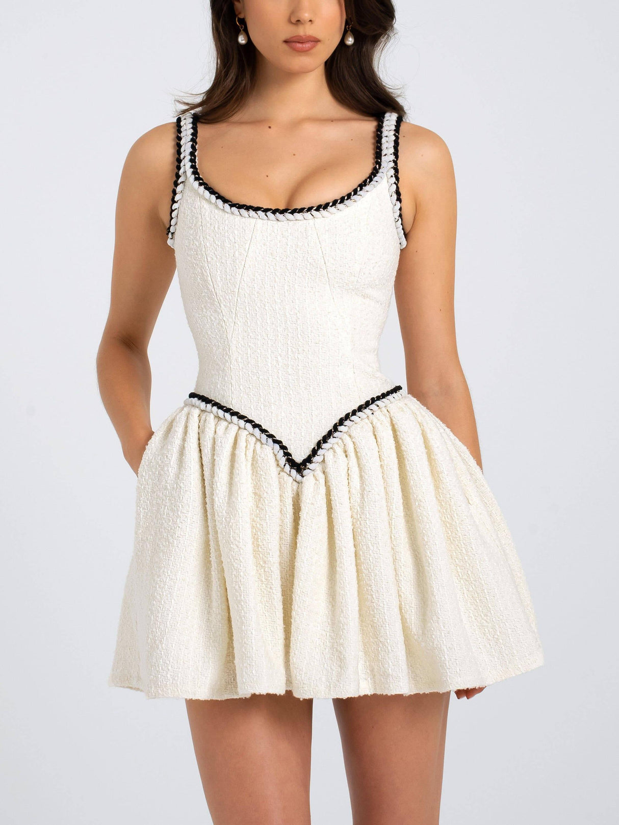 Aurohaya Elegant U-neck Tweed Mini Dress White