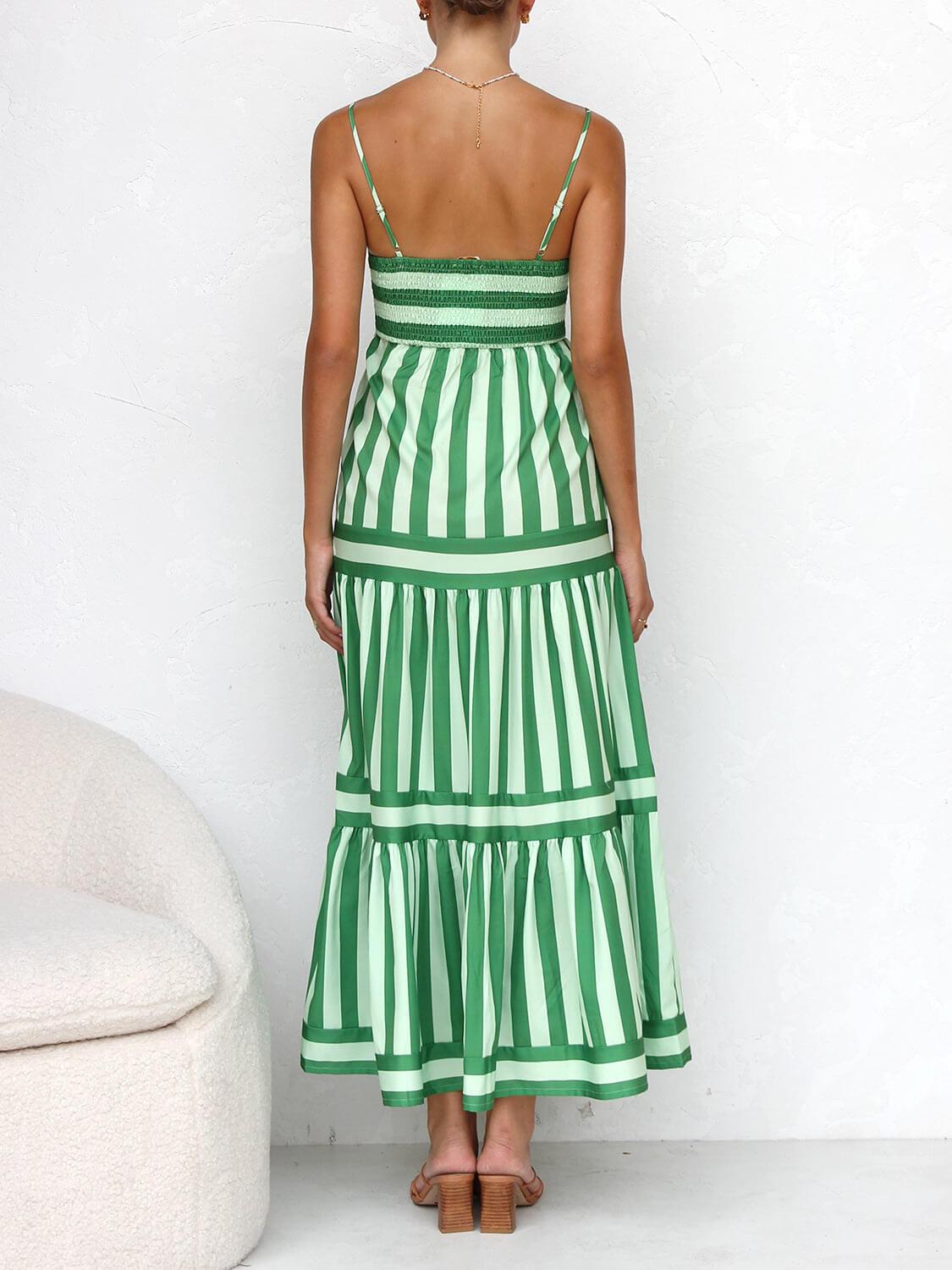 Aurohaya Suspender Open Back Striped Positioning Print Pocket Midi Dress