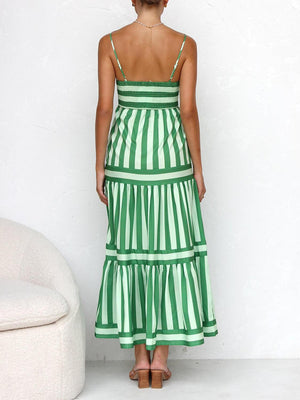Aurohaya Suspender Open Back Striped Positioning Print Pocket Midi Dress