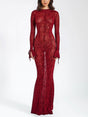 Aurohaya Exquisite Leopard Velvet Mesh Halter Maxi Dress Red