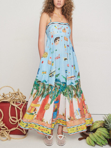 Aurohaya Unique Painted Island Print A-Line Midi Dress Blue