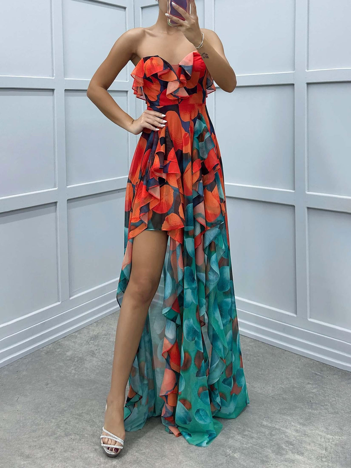 Aurohaya Gradient Print Irregular Ruffle Maxi Dress Orange