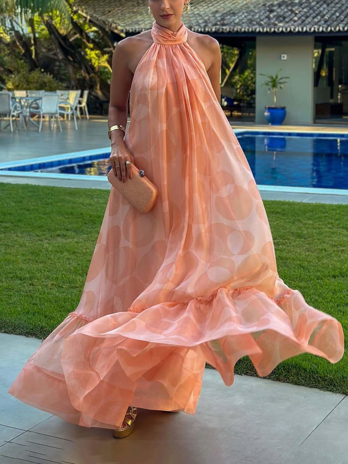 Aurohaya Halter Neck Bright Geometric Print Maxi Dress Orange