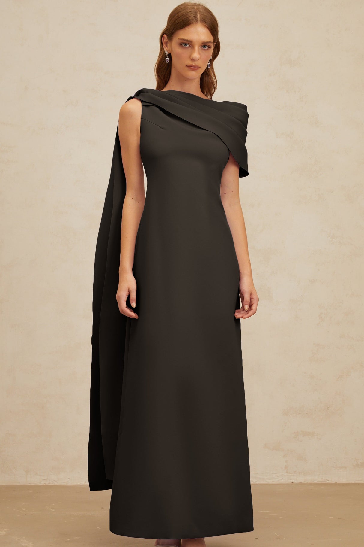 Aurohaya Annabelle Black Cape-Design Ribbon Maxi Dress