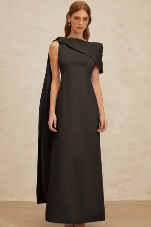 Aurohaya Annabelle Black Cape-Design Ribbon Maxi Dress