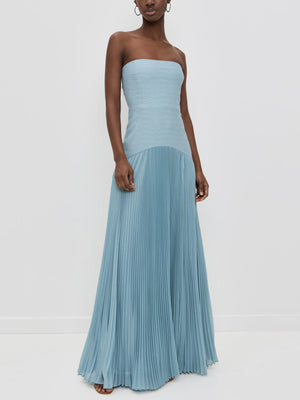 Aurohaya Elegant Wrap-Breasted Pleated Maxi Dress Blue