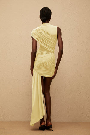 Aurohaya Fée Yellow Asymmetrical Ruched Mini Dress