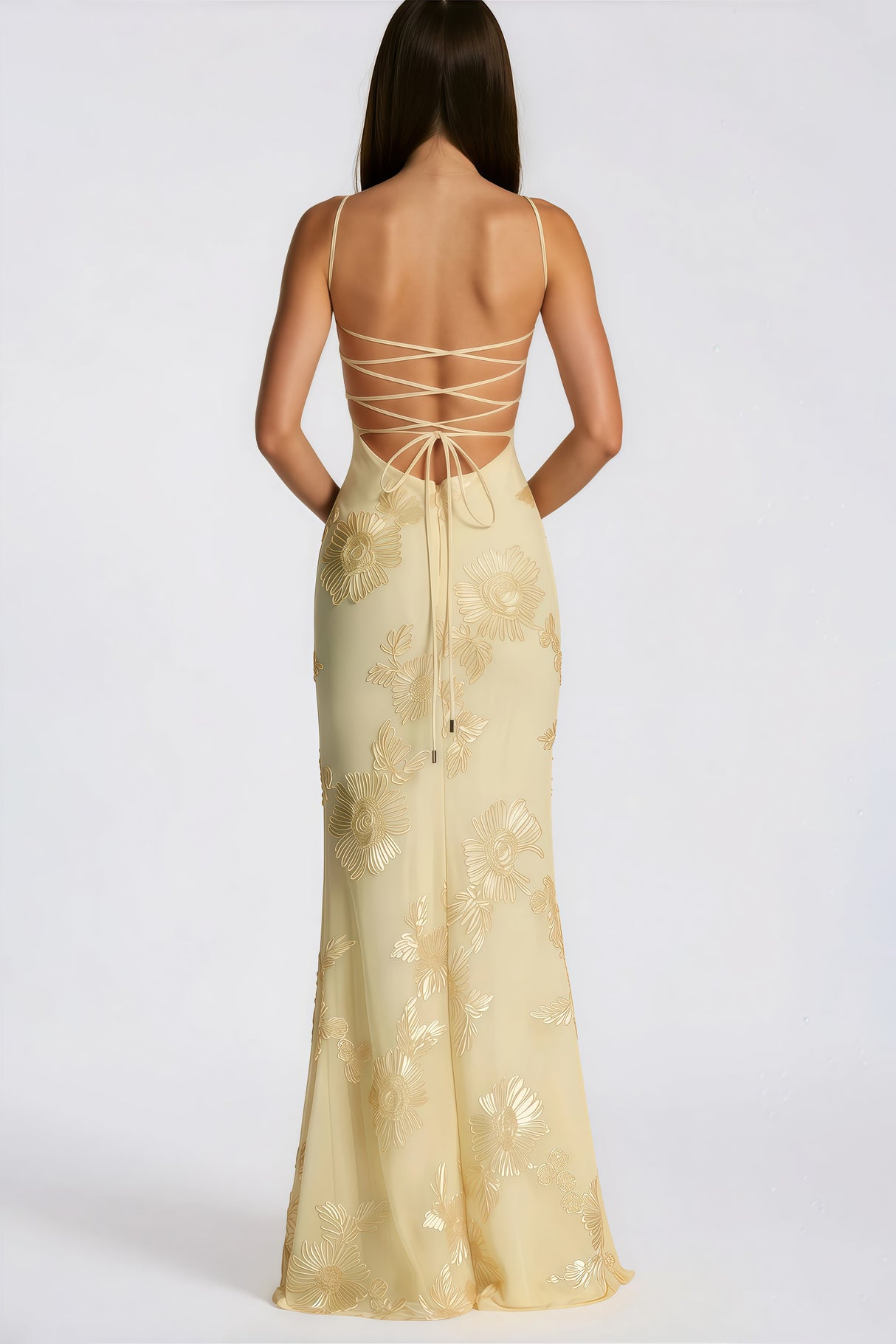 Aurohaya Théoline Yellow Floral Appliqué Corset Maxi Dress