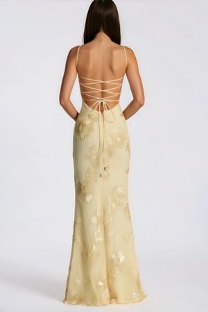 Aurohaya Théoline Yellow Floral Appliqué Corset Maxi Dress