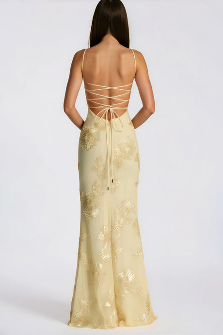 Aurohaya Théoline Yellow Floral Appliqué Corset Maxi Dress