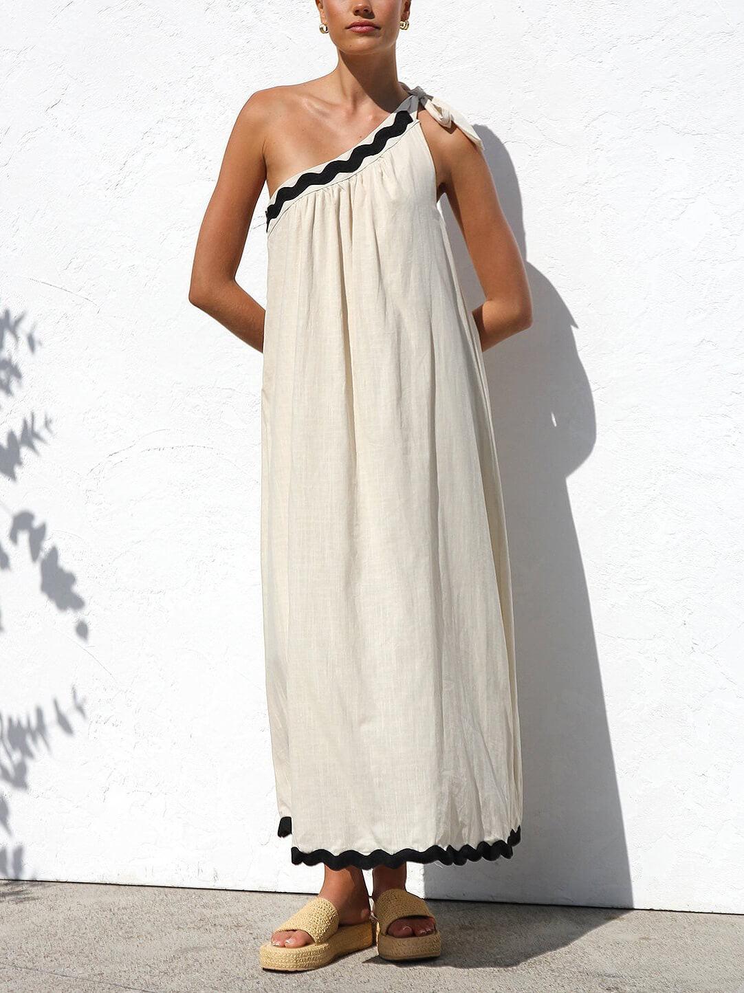 Aurohaya Classic Contrast Lace One-shoulder Spaghetti Strap Midi Dress