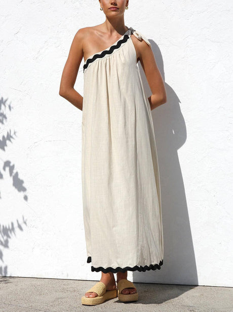 Aurohaya Classic Contrast Lace One-shoulder Spaghetti Strap Midi Dress