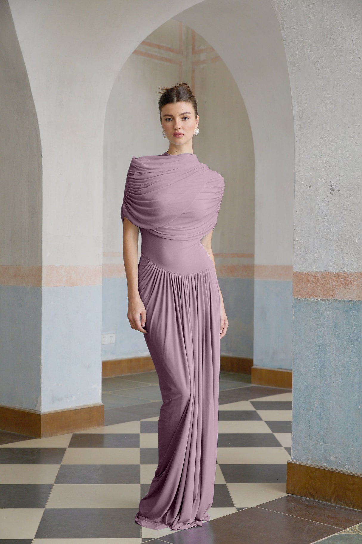 Aurohaya Catherine asymmetrical pleated maxi dress in Purple