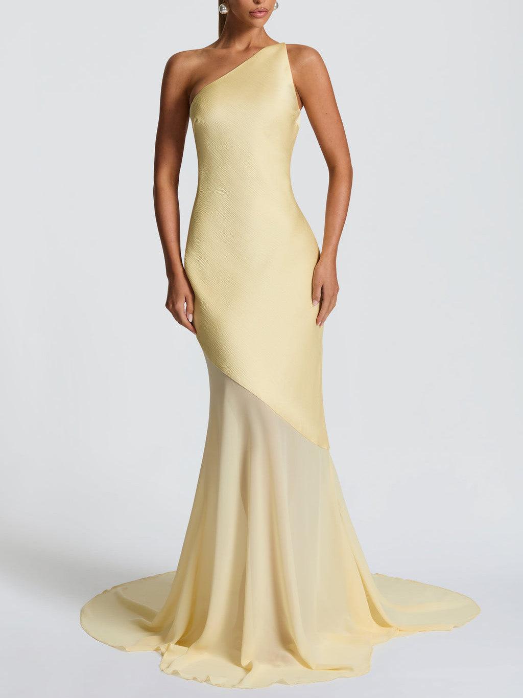 Aurohaya Elegant One Shoulder Sheer Hem Maxi Dress