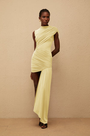Aurohaya Fée Yellow Asymmetrical Ruched Mini Dress