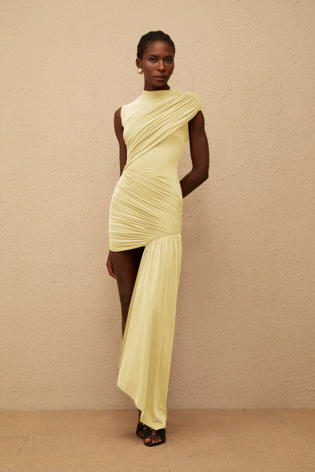Aurohaya Fée Yellow Asymmetrical Ruched Mini Dress