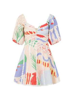 Aurohaya Modern Sophisticated Art Graffiti Floral Print Mini Dress