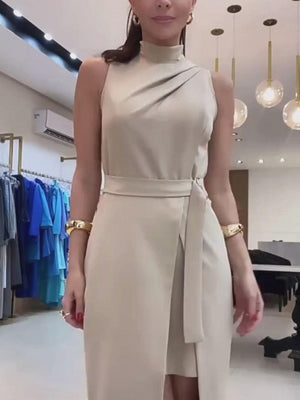 Aurohaya Elegant Stand Collar Fake Two-piece Tie-up Split Mid-length Dress