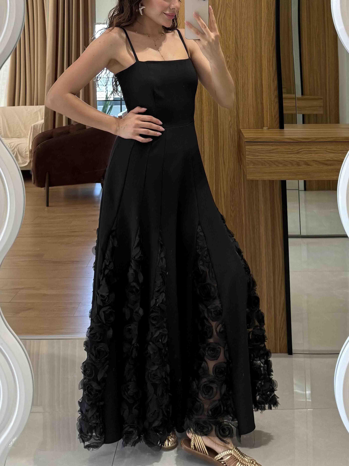 Aurohaya Elegant Rose Floral Applique Spaghetti Strap Midi Dress